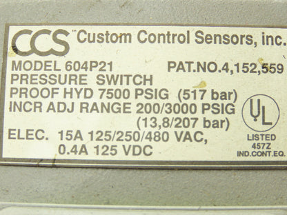 Custom Control Sensors 604P21 Hydraulic Pressure Switch 7500 PSIG 125-480 VAC