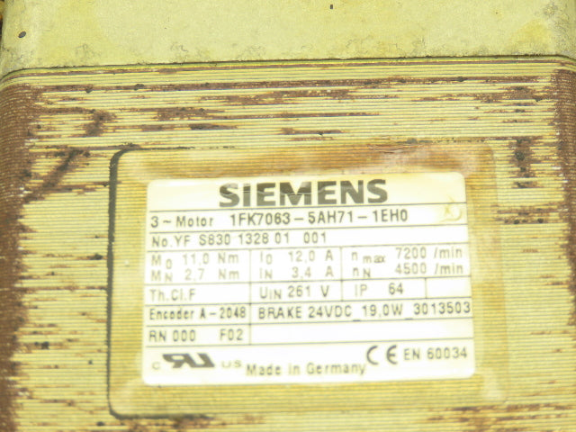 Siemens 1FK7063-5AH71-1EH0 AC Servo Motor 261V 11Nm 7200rpm 3Ph 24VDC Brake