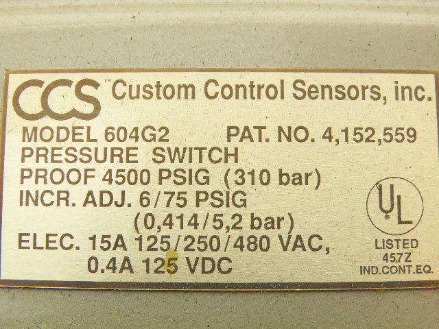 Custom Control Sensors 604G2 Hydraulic Pressure Switch 4500 PSIG 125-480 VAC