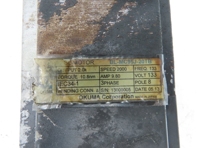 Okuma BL-MC95J-20TB AC Servo Motor 2kW 133V 2000 RPM 3PH Encoder ER-JG-7200D