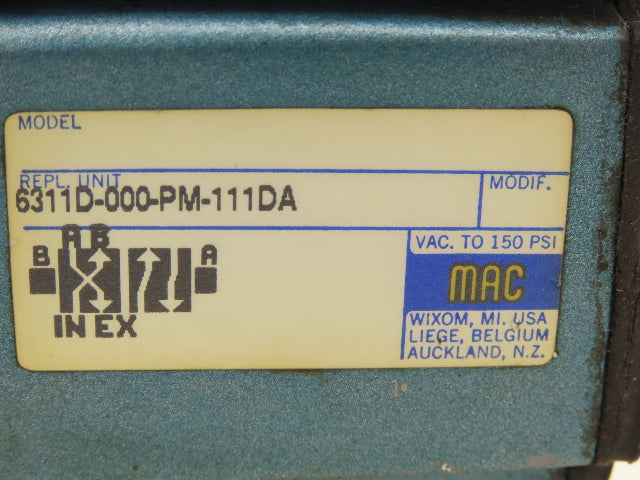 Mac 6311D-000-PM-111DA Pneumatic Solenoid Piloted Valve 4/2 Way 120VAC 150 PSI