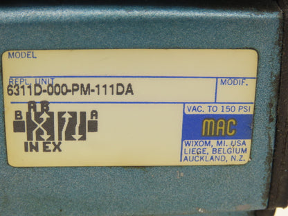 Mac 6311D-000-PM-111DA Pneumatic Solenoid Piloted Valve 4/2 Way 120VAC 150 PSI