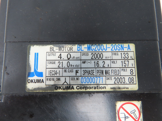 Okuma BL-MC200J-20SN-A AC Servo Motor 4kW 2000 RPM 3PH 157V Encoder ER-JF-7200D