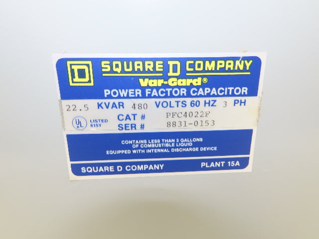 Square D PFC4022F Var-Gard Power Factor Capacitor Unit 3-Pole 22.5 KVAR 480V 3PH
