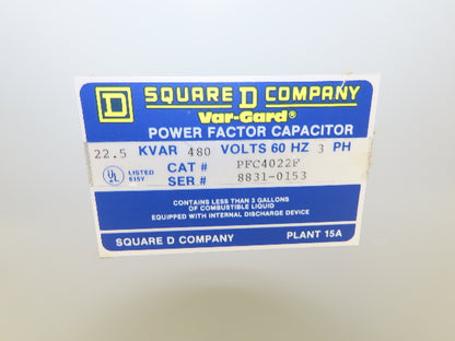 Square D PFC4022F Var-Gard Power Factor Capacitor Unit 3-Pole 22.5 KVAR 480V 3PH