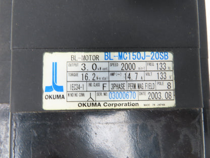 Okuma BL-MC150J-20SB AC Servo Motor 3kW 2000 RPM 133V 3PH Encoder ER-JF-7200D