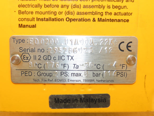 El-O-Matic ED0200.U1A00A.22K0 Pneumatic Valve Actuator 116 PSI Quarter Turn