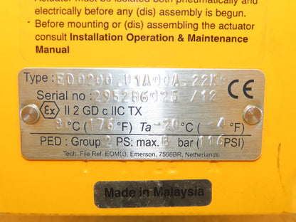 El-O-Matic ED0200.U1A00A.22K0 Pneumatic Valve Actuator 116 PSI Quarter Turn