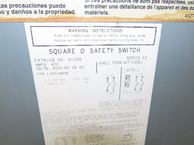 Square D HU265 Safety Disconnect Switch 400A 600V 2 Pole Non Fused Single Phase