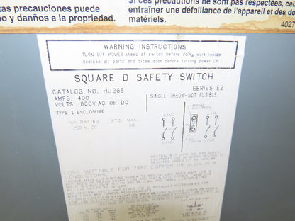 Square D HU265 Safety Disconnect Switch 400A 600V 2 Pole Non Fused Single Phase
