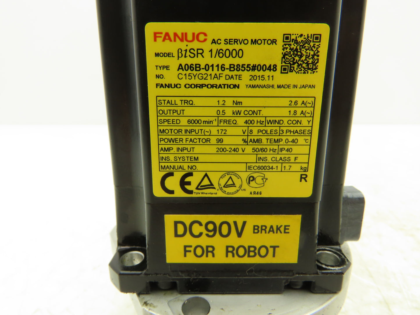 Fanuc A06B-0116-B855#0048 AC Servo Motor .5kw 3PH 6000 RPM BiSR 1/6000