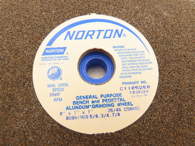 Norton 6A090 8x1x1" Bench & Pedestal Alundum Grinding Wheel Coarse 36/46 Grit
