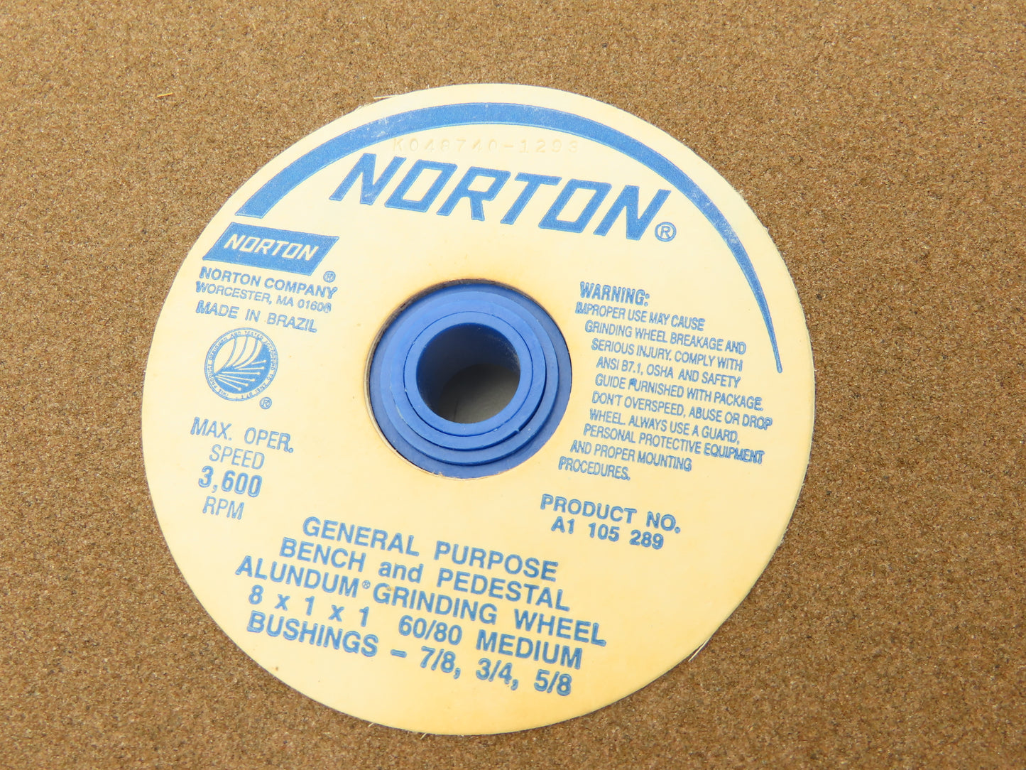 Norton 6A091 8x1x1" Bench & Pedestal Alundum Grinding Wheel Medium 60/80