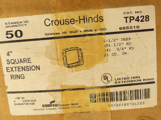 Crouse-Hinds TP428 4" Square Box Extension Ring 1-1/2" Deep w/Knockout Lot of 50