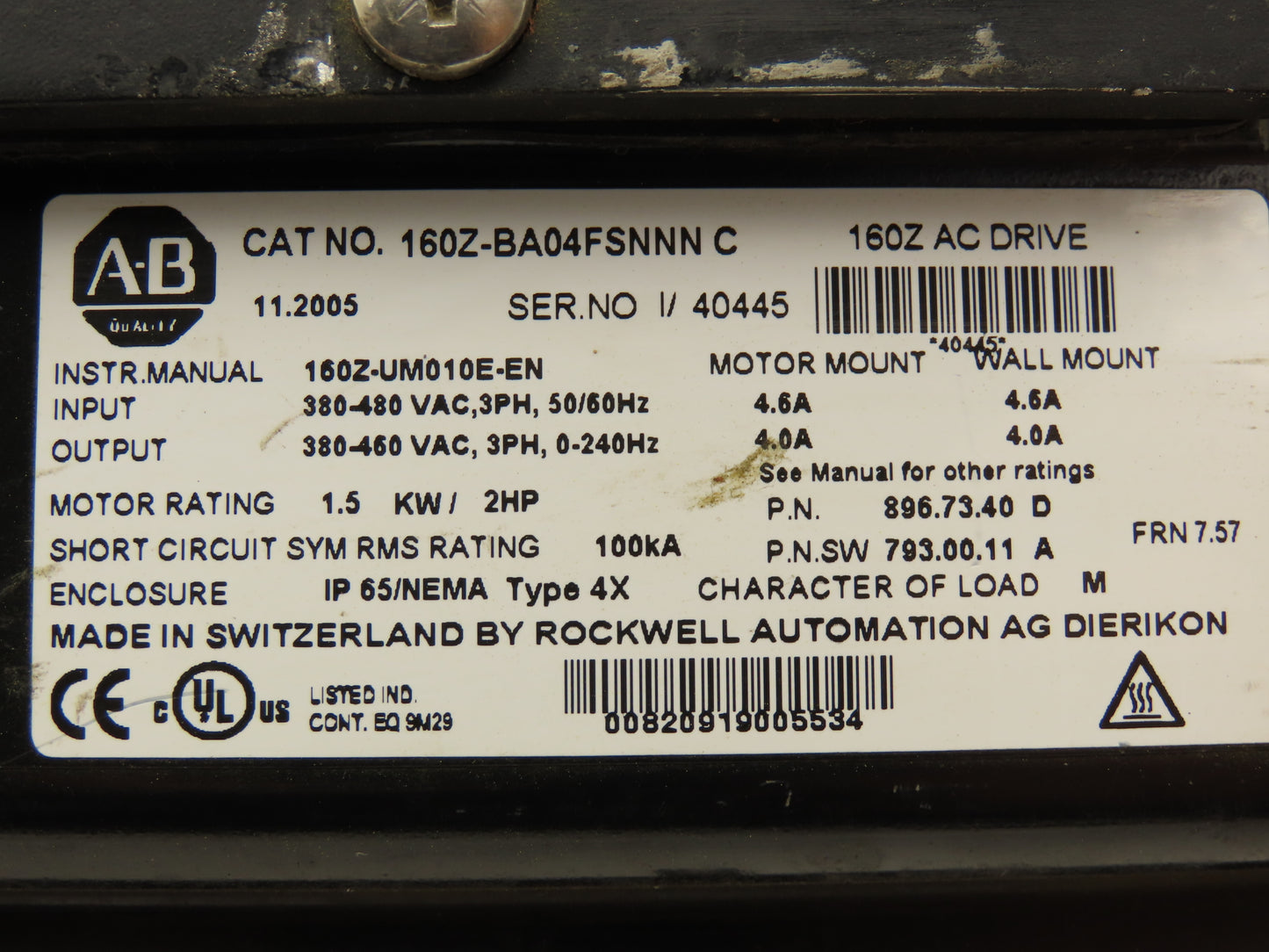Allen Bradley 160Z-BA04FSNNN AC Drive 2Hp 380-480V 3ph 50/60Hz In Motor/wall Mt