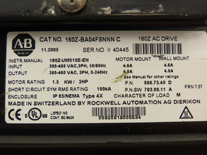 Allen Bradley 160Z-BA04FSNNN AC Drive 2Hp 380-480V 3ph 50/60Hz In Motor/wall Mt