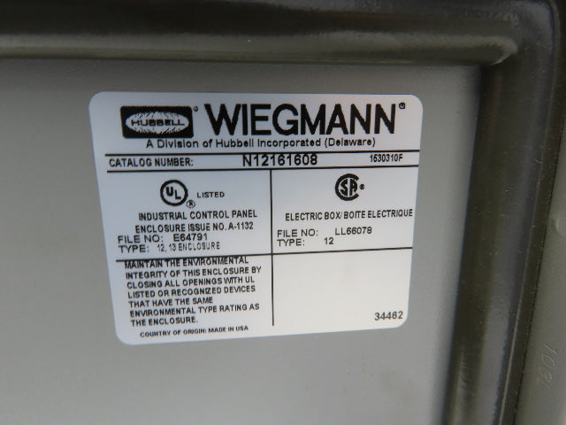 Wiegmann N12161608 Electrical Enclosure 16x16x8" Wall Mount Panel