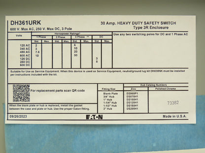 Eaton DH361URK Non Fusible Disconnect Safety Switch 30A 600V 3Ph NEMA 3R