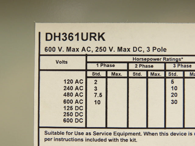 Eaton DH361URK Non Fusible Disconnect Safety Switch 30A 600V 3Ph NEMA 3R