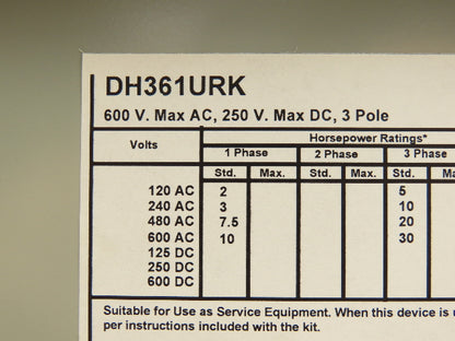 Eaton DH361URK Non Fusible Disconnect Safety Switch 30A 600V 3Ph NEMA 3R