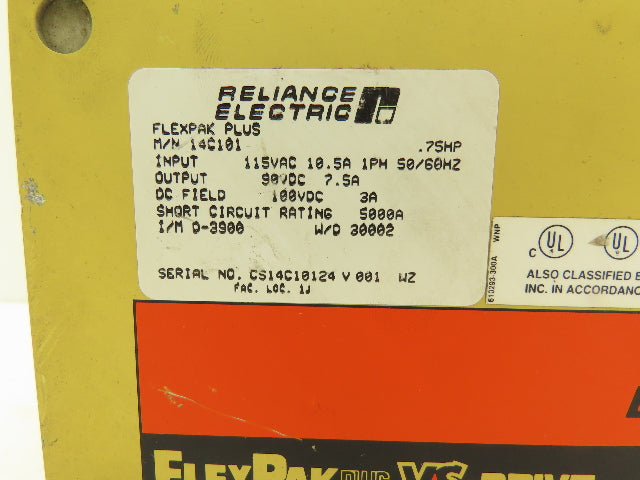 Reliance Electric 14C101 FlexPak Plus VS Drive 0.75Hp 115VAC In / 90VDC Out