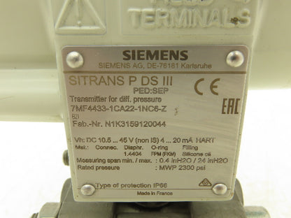Siemens 7MF4433-1CA22-1NC6-Z Sitrans P DS III Pressure Transmitter 0.4/24In-H2O