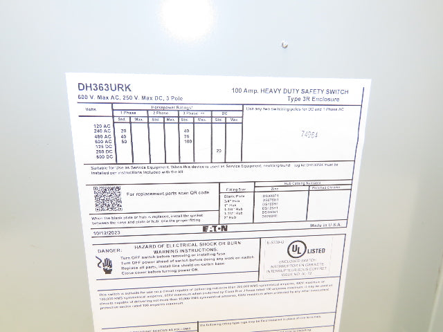 Eaton DH363URK Safety Disconnect Switch 100A 600V Non-Fusible 3P 3R Enclosure