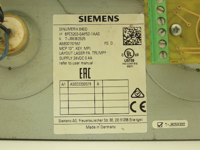 Siemens A5E00157557 Sinumerik 840D HMI Operator Control Panel 6FC5203-0AF52-1AA0