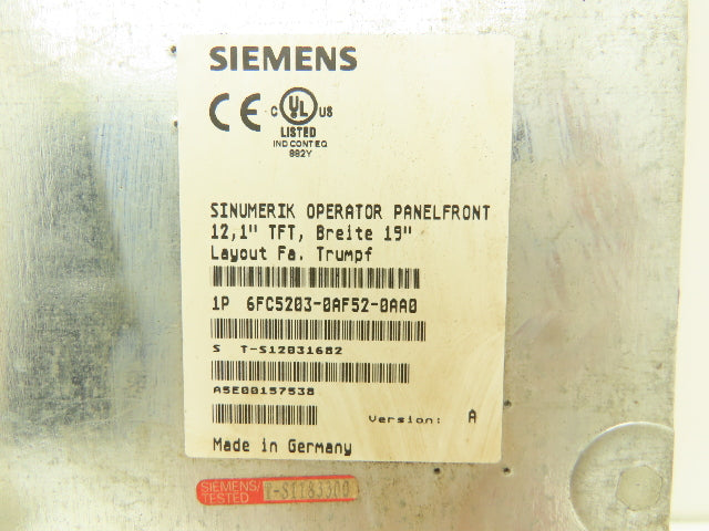 Siemens 6FC5203-0AF52-0AA0 Sinumerik HMI Operator Control Front Panel Screen