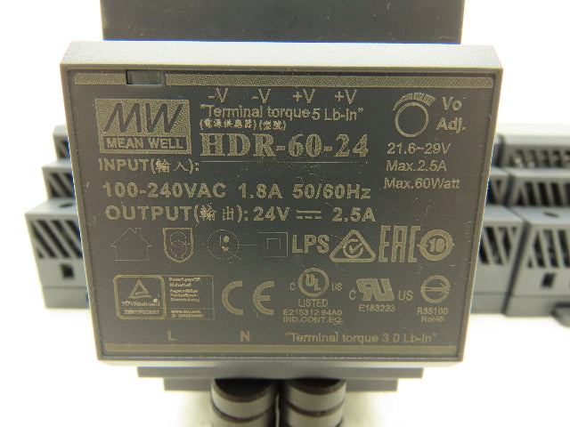 MW HDR-60-24 Power Supply DIN Rail 100-240VAC Input 24VDC 2.5A Output Lot Of 5