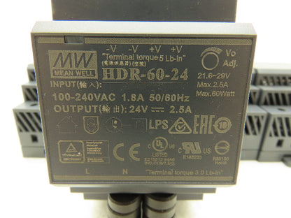 MW HDR-60-24 Power Supply DIN Rail 100-240VAC Input 24VDC 2.5A Output Lot Of 5