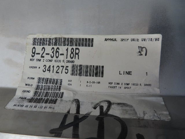 Advance Tabco Stainless 2 Compartment Sink 16" Drainboard Galvanized Legs 58" L