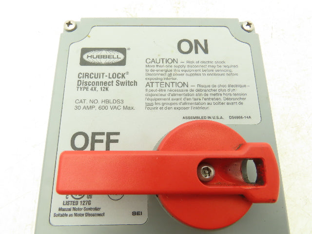 Hubbell HBLDS3 Circuit-Lock Nonfusible Enclosed Disconnect Switch 30A 600V