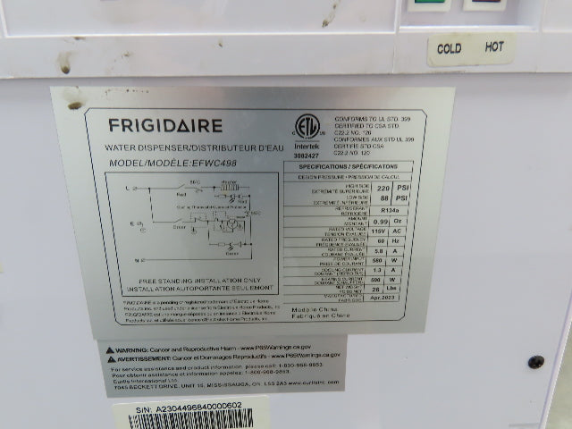 Frigidaire EFWC498 Top Loading Water Cooler Dispenser Hot Cold 5 Gallon