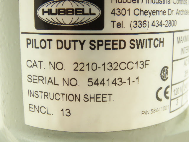 Hubbell 2210-132CC13F Pilot Duty Speed Switch Industrial Controls 5/8" Shaft