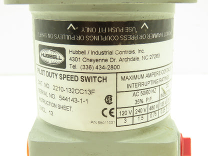 Hubbell 2210-132CC13F Pilot Duty Speed Switch Industrial Controls 5/8" Shaft