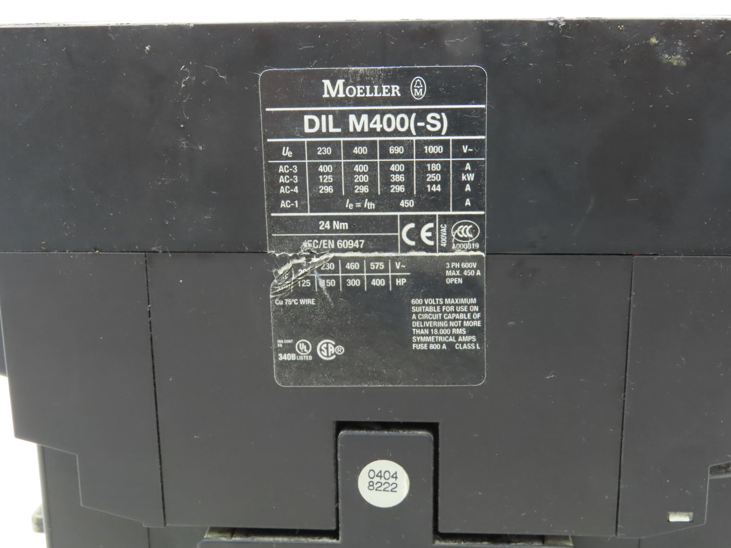 Moeller DIL M400 AC Motor Starter Contactor 400Hp 600V 3Ph 110-250V Coil