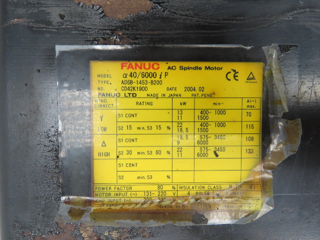Fanuc A06B-1453-B200 AC Spindle Motor 29.5Hp 6000rpm 131-220v 3ph