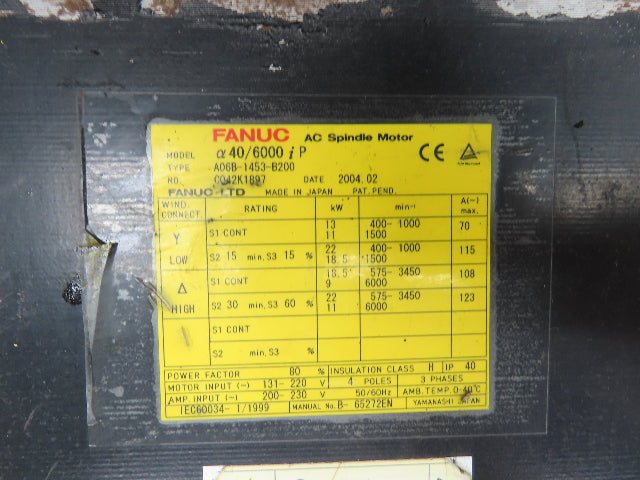 Fanuc A06B-1453-B200 AC Spindle Motor 29.5Hp 6000rpm 131-220v 3ph