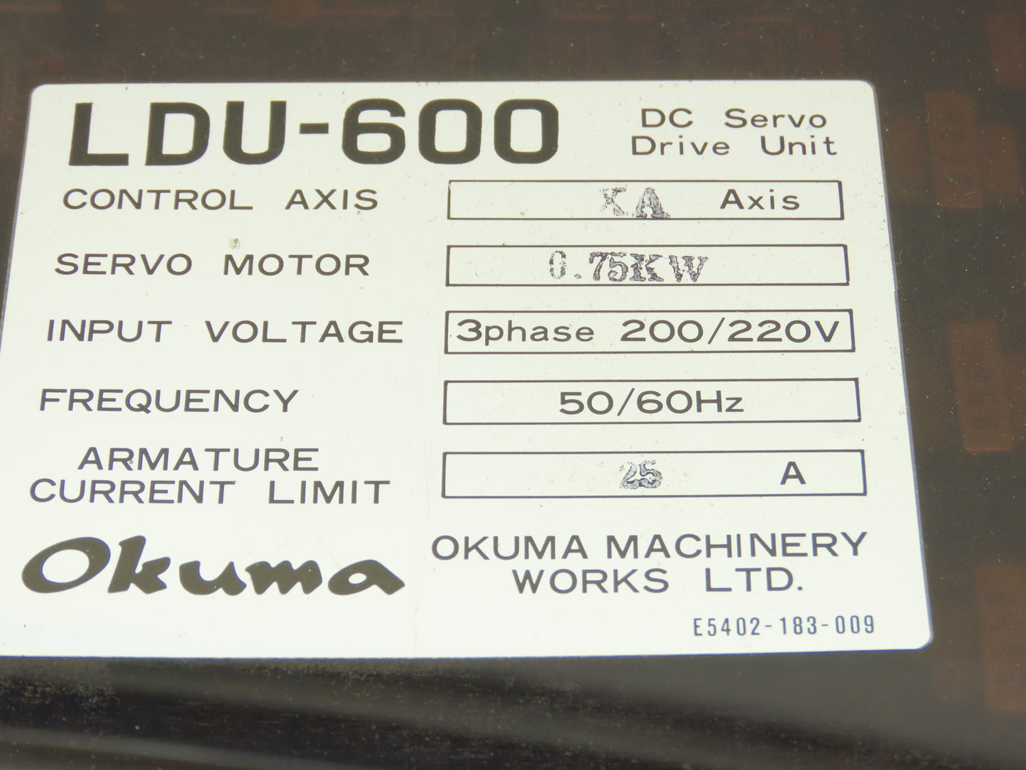 Okuma Machinery LDU-600 Servo Drive CNC Axis Control 0.75kW 200/220VAC 3Ph