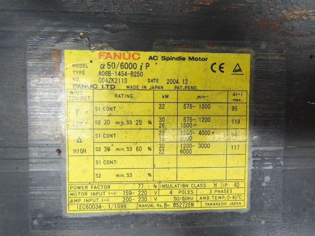 Fanuc A06B-1454-B250 AC Spindle Motor 30kW 6000rpm 159-220v 3ph
