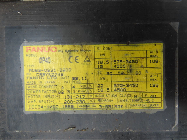 Fanuc A06B-0831-B200 AC Spindle Motor 22kW 4500rpm 131-217VAC 3ph