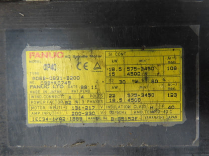 Fanuc A06B-0831-B200 AC Spindle Motor 22kW 4500rpm 131-217VAC 3ph