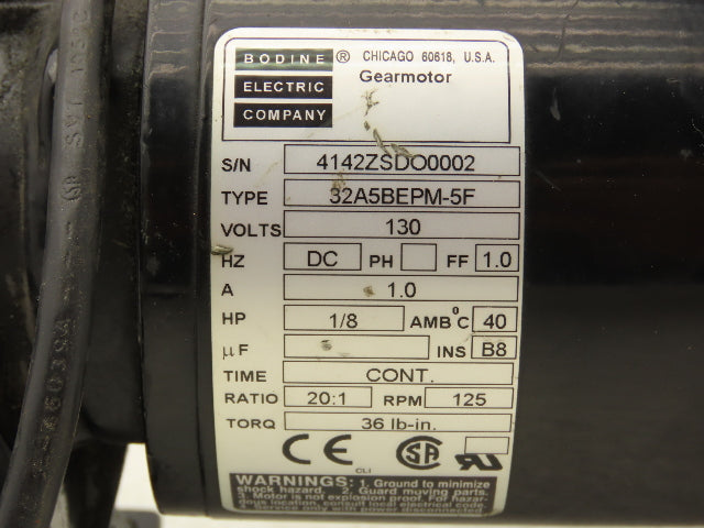 Bodine 32A5BEPM-5F Gearmotor 1/8Hp 130VDC 20:1 Ratio 125 RPM LH Output 5/8"Shaft