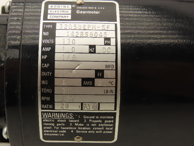 Bodine 32D5BEPM-5F Gearmotor 1/8Hp 130VDC 20:1 Ratio 125 RPM LH Output 5/8"Shaft