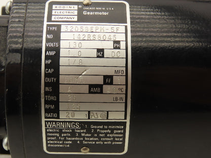 Bodine 32D5BEPM-5F Gearmotor 1/8Hp 130VDC 20:1 Ratio 125 RPM LH Output 5/8"Shaft