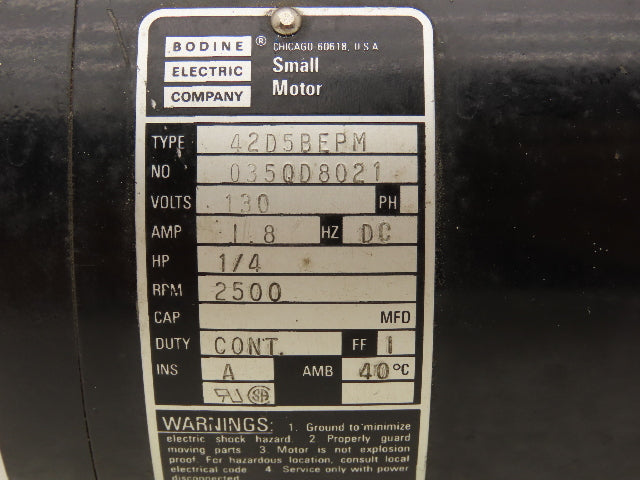 Bodine Electric 42D5BEPM DC Motor 1/4Hp 130VDC 2500 RPM 1/2" Shaft