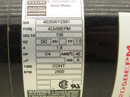 Bodine Electric 42D5BEPM DC Motor 1/4Hp 130VDC 2500 RPM 1/2" Shaft