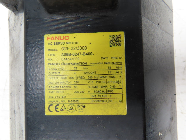 Fanuc A06B-0247-B400 Servo Motor 4kW 3000 RPM 230V 3PH Encoder A860-2000-T301
