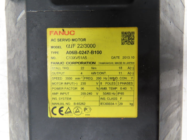 Fanuc A06B-0247-B100 AC Servo Motor 4kW 230V 3000 RPM 3PH Encoder A860-2000-T301
